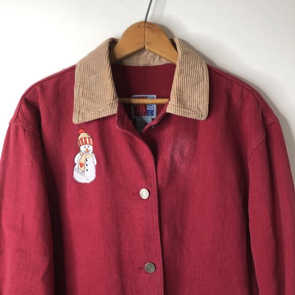 Vintage Sunbelt Denim Chore Coat Red Jean Jacket Snowman Winter Womens Small - Picture 3 of 10